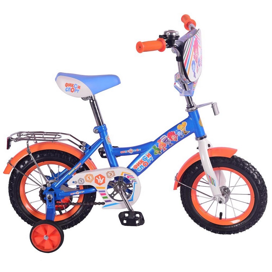 Велосипед 12" Фиксики (сине-оранжевый, багажник, страховочные колеса)