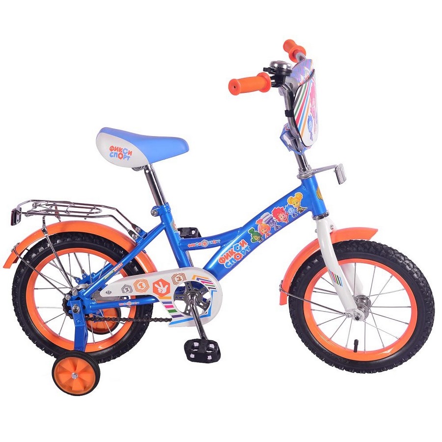 Велосипед 14" Фиксики (сине-оранжевый, багажник, страховочные колеса)