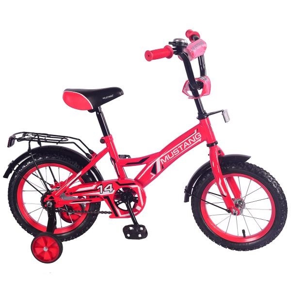 Велосипед 14" Мустанг (красно-черный, багажник, страховочные колеса)