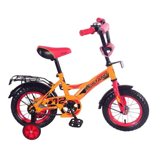 Велосипед 12" Мустанг (желто-красный, багажник, страховочные колеса)