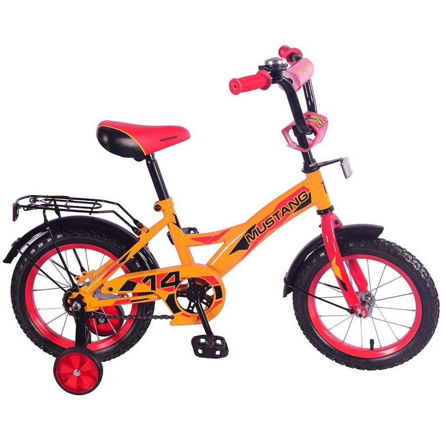 Велосипед 14" Мустанг (желто-красный, багажник, страховочные колеса)