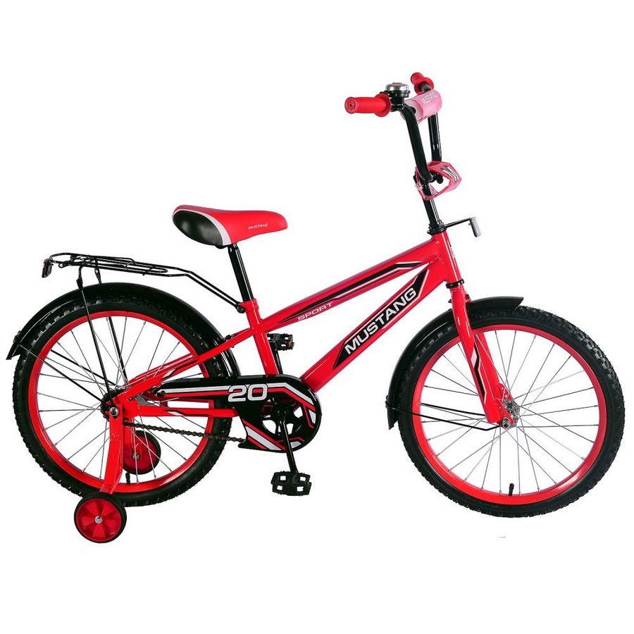 Велосипед 20" Мустанг (красно-черный, багажник, страховочные колеса)
