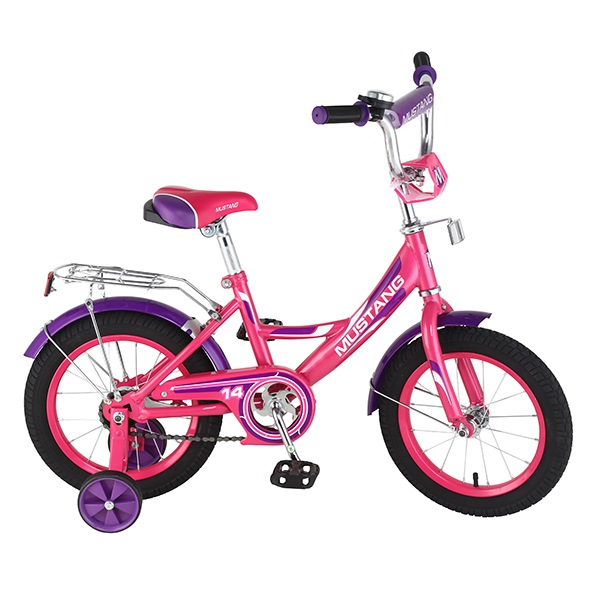 Велосипед 14" Мустанг (розово-фиолетовый, багажник, страховочные колеса)