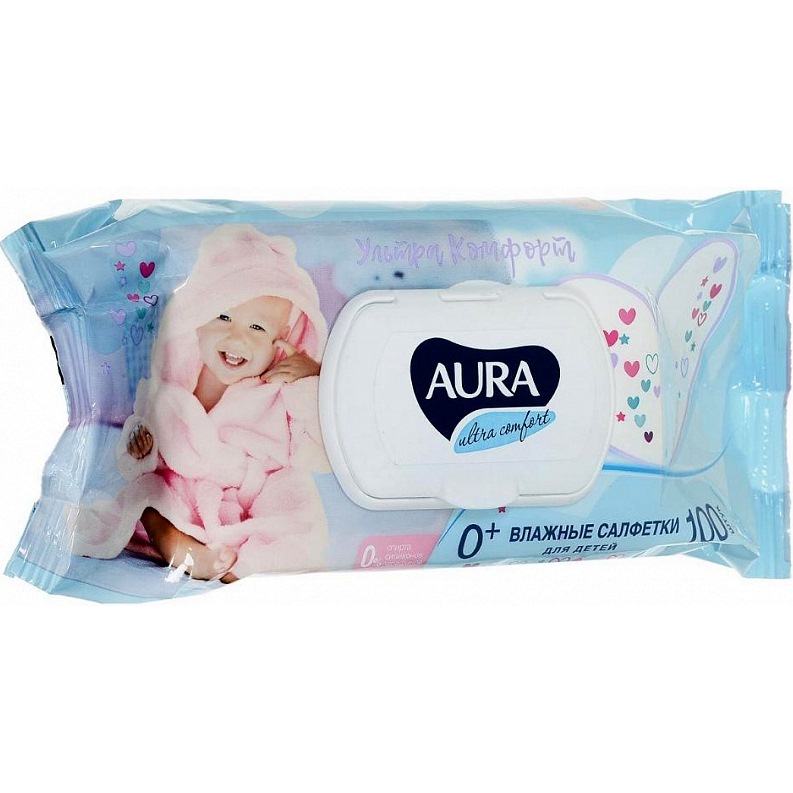 Влажные салфетки Аура Ultra Comfort (100 шт, с экстрактом алоэ, витамин Е) УТ-00045423