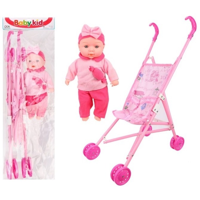 Пупс м/н 30 см, озвученный, в комплекте с коляской, розовый костюм, пакет