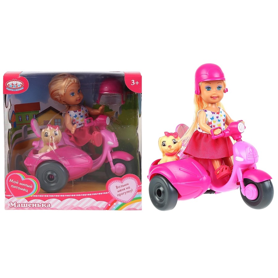 Кукла "Карапуз" Машенька (мотоцикл с коляской, питомец, 12 см)