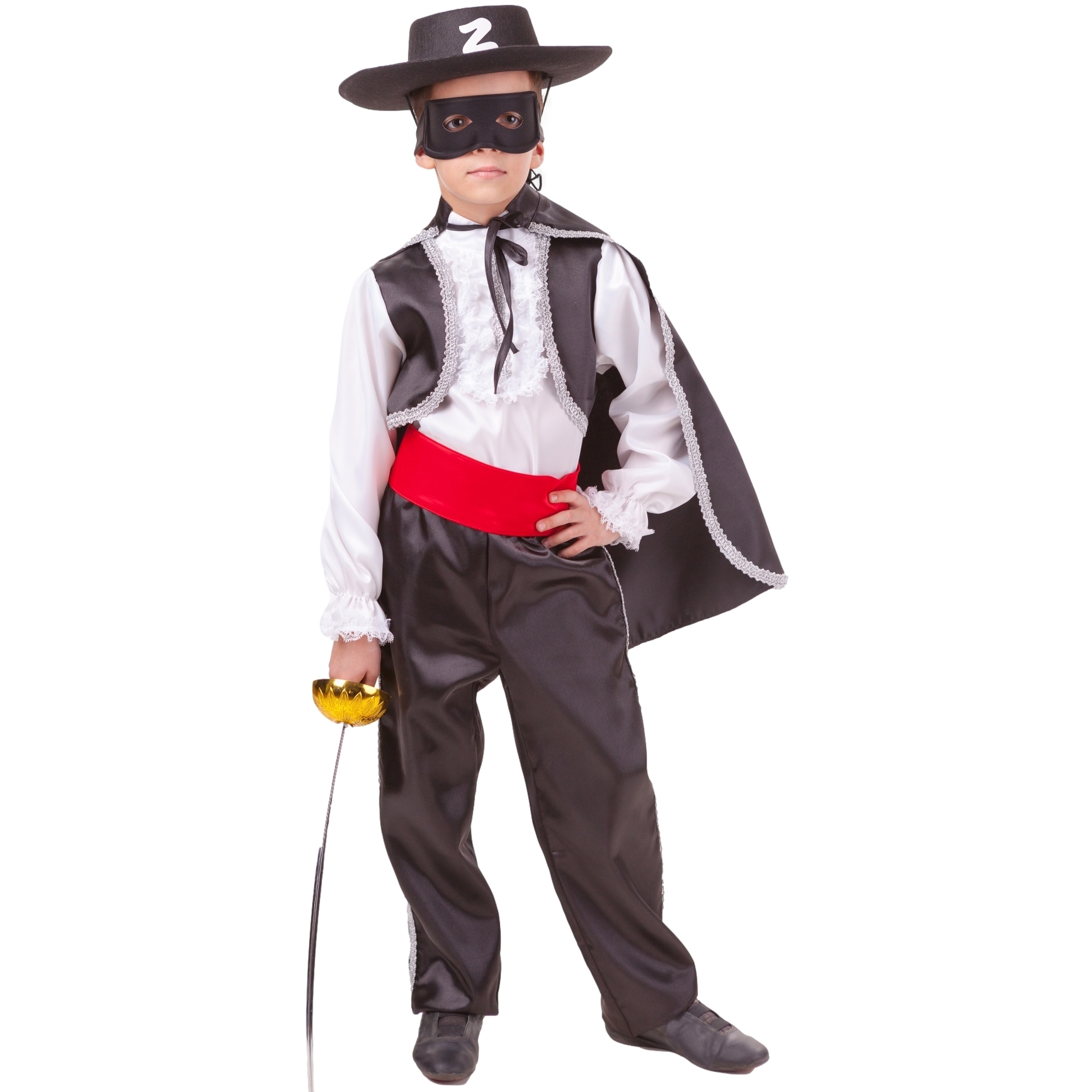 Карнавальный костюм "зорро" (рубаха с жилетом, плащ, брюки, маска, шляпа, рапира) текстиль 116-60