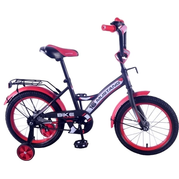 Велосипед 16" Мустанг (черно-красный матовый, страховочные колеса)