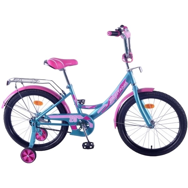 Велосипед 20" Мустанг (бирюзово-розовый, страховочные колеса, багажник)
