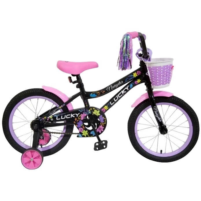 Велосипед 16" Navigator Lucky (черный с розовым, страховочные колеса)