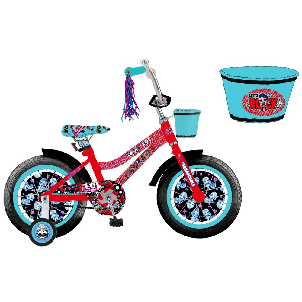 Велосипед 18" "Лол" (красный с голубым, страховочные колеса)