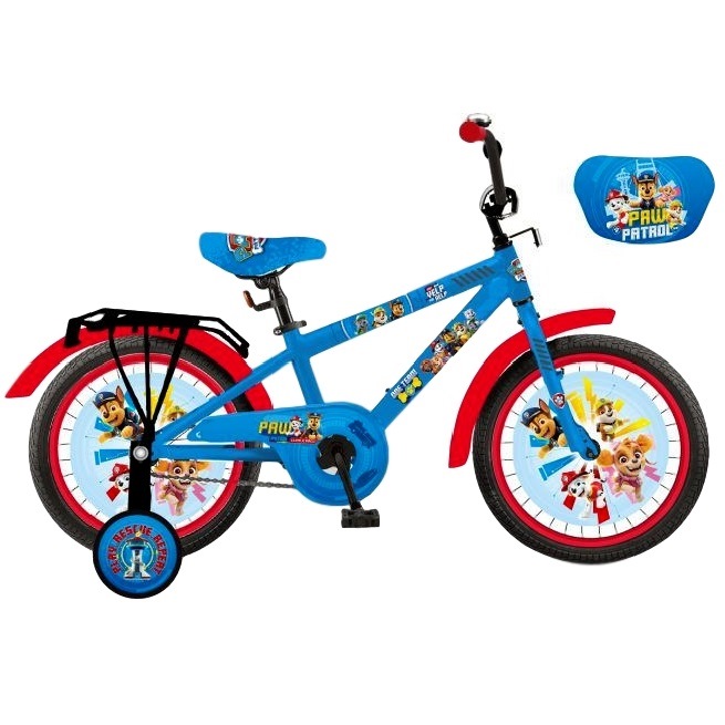 Велосипед 16" "Щенячий патруль" (синий с красным, страховочные колеса)