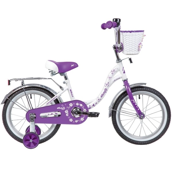 Велосипед 14" Novatrack Вutterfly (белый-фиолетовый, багажник, корзина)
