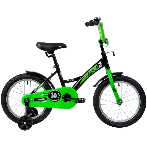 Велосипед NOVATRACK 16" STRIKE черный-зелёный, тормоз нож, крылья корот, полная защита цепи 139649
