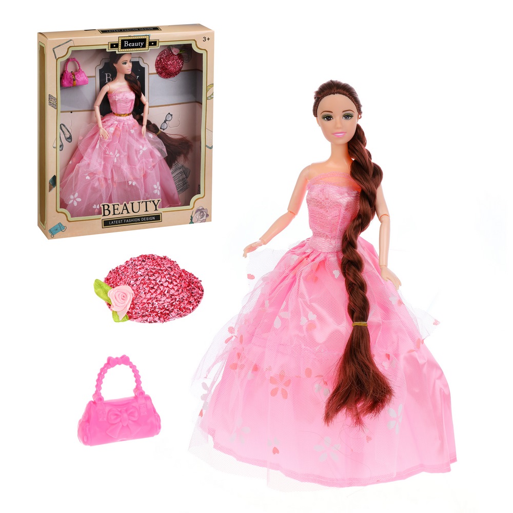 Кукла "Нежность" в пышном платье (шарнирная, шляпка, сумка, 29 см)