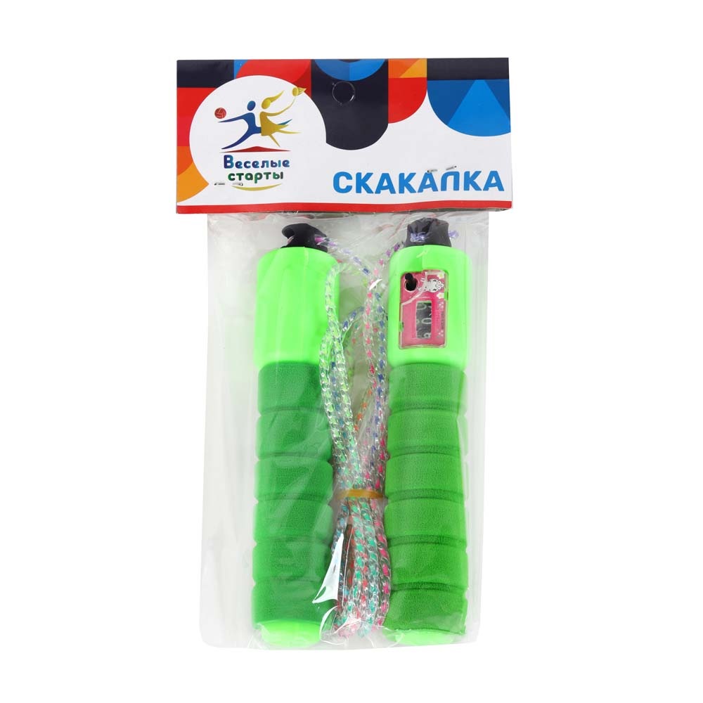 Скакалка детская веселые старты, 2.6м, ручки эва со встроенным счетчиком, цвет зеленый, веревка пластик, прозрачная с цветными вкраплениями (мультицвет)