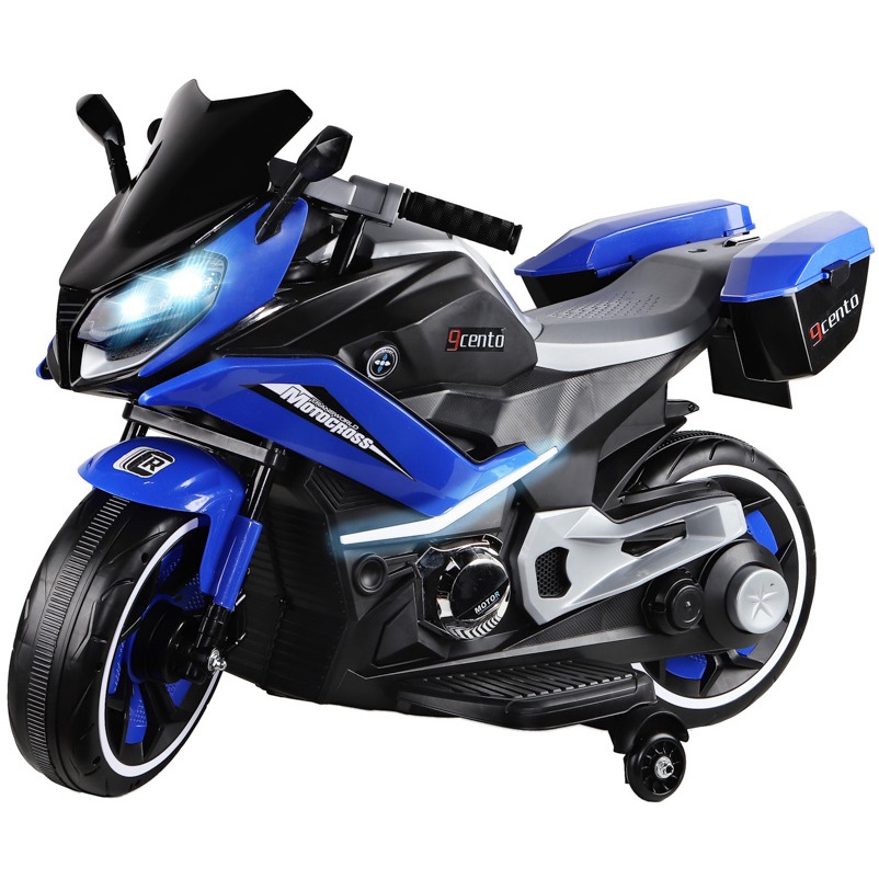 Мотоцикл двухколёсный на аккум. 6v7ah*1 музыка, свет, usb, mp3, колёса пластик, 2 двигателя*380w. размер мотоцикла 108*71*55 вес 12,7кг. цвет синий