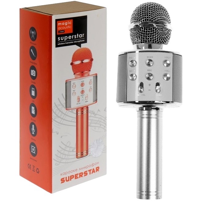 Караоке-микрофон Belsis (встроенная колонка, Bluetooth, FM, microSD, серебристый) 4942898
