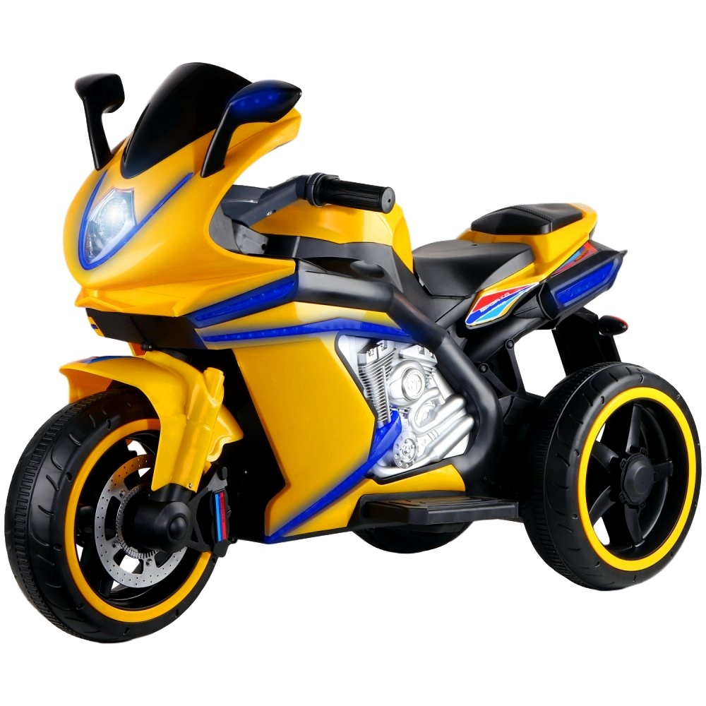 Мотоцикл трёхколёсный на аккум.12v4.5a*1. usb, mp3, колеса пластик, 1 двигатель*550w, свет led. размер мотоцикла 115*52*77 вес мотоцикла 13кг. плавное переключение скоростей на руле. цвет желтый.