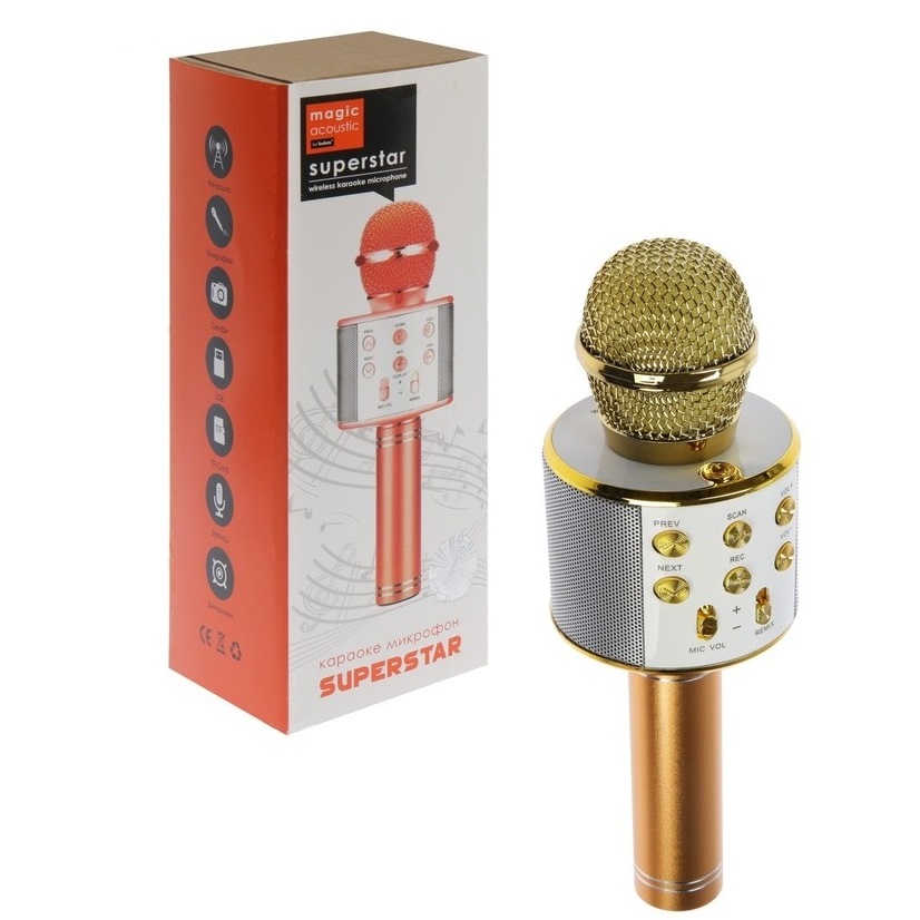 Микрофон для караоке Belsis MA3001BE, Bluetooth, FM, microSD, цвет золото 4942895