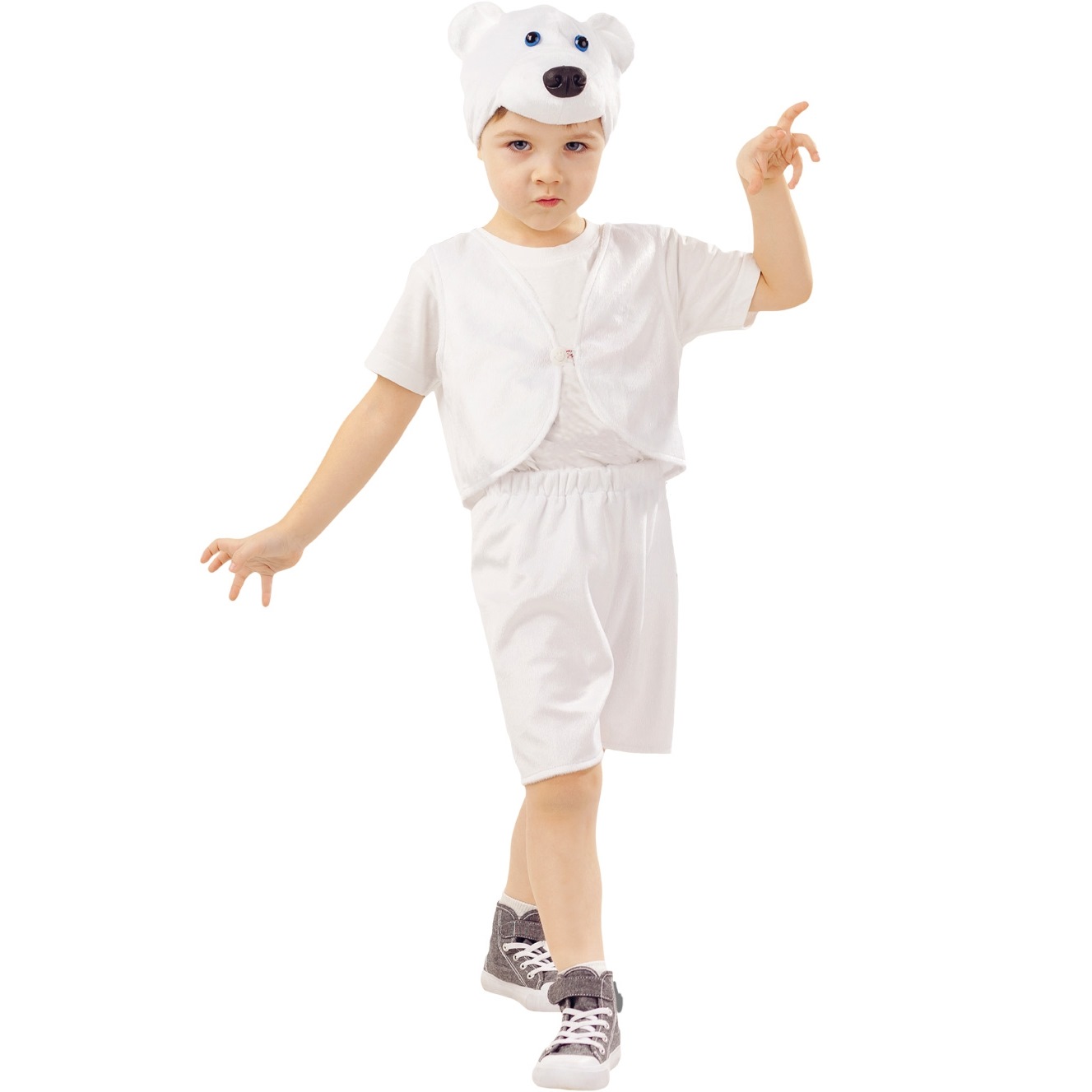 Карнавальный костюм "Медведь белый умка" (жилет,шорты,шапка) р. 98-52