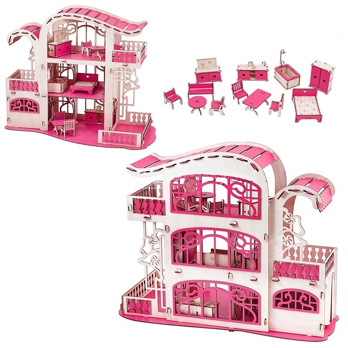 Кукольный домик с мебелью "усадьба милана" розовый д-025