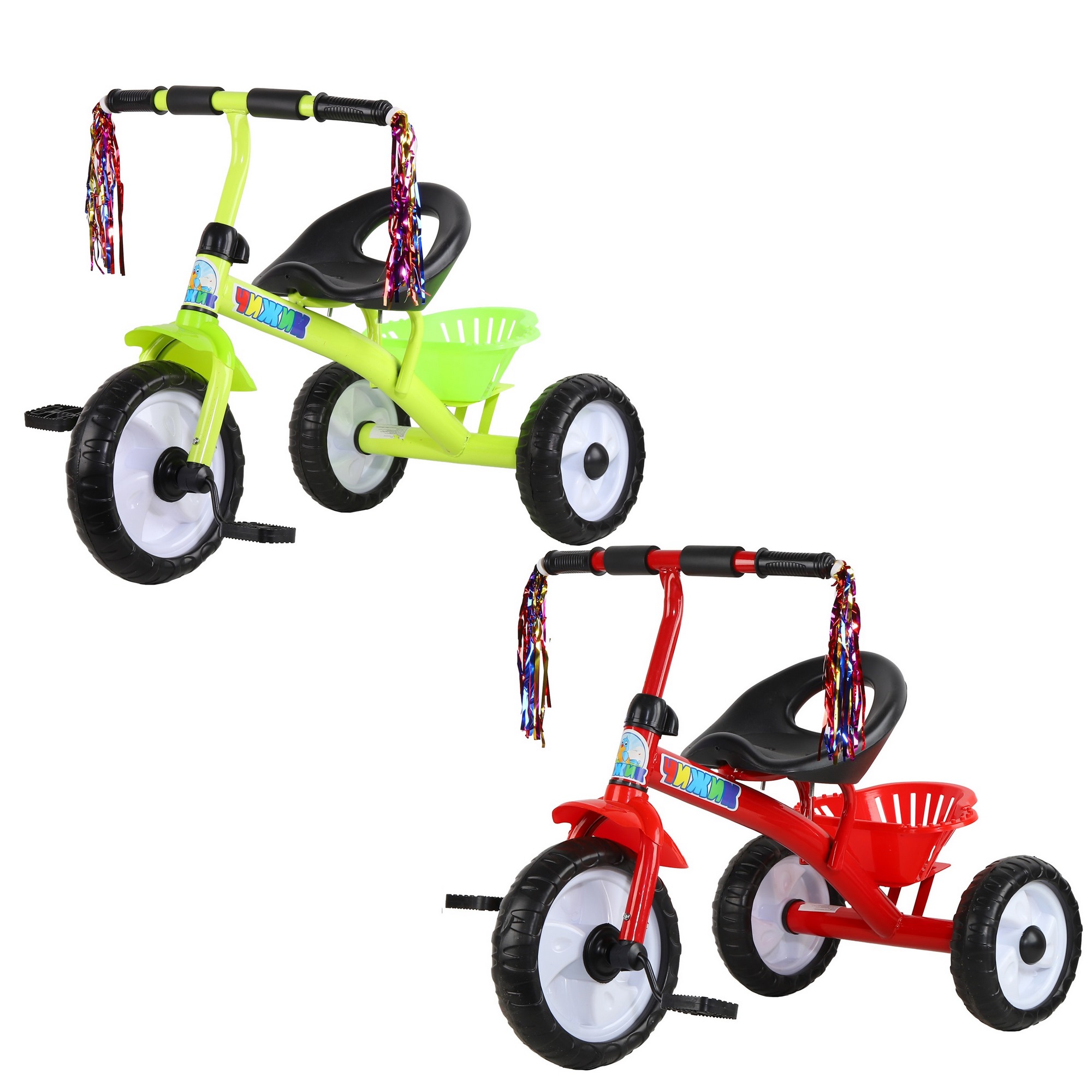 Детский трехколесный велосипед "чижик" на пластиковых колесах. корзинка сзади. дождик. цвета микс в коробке.