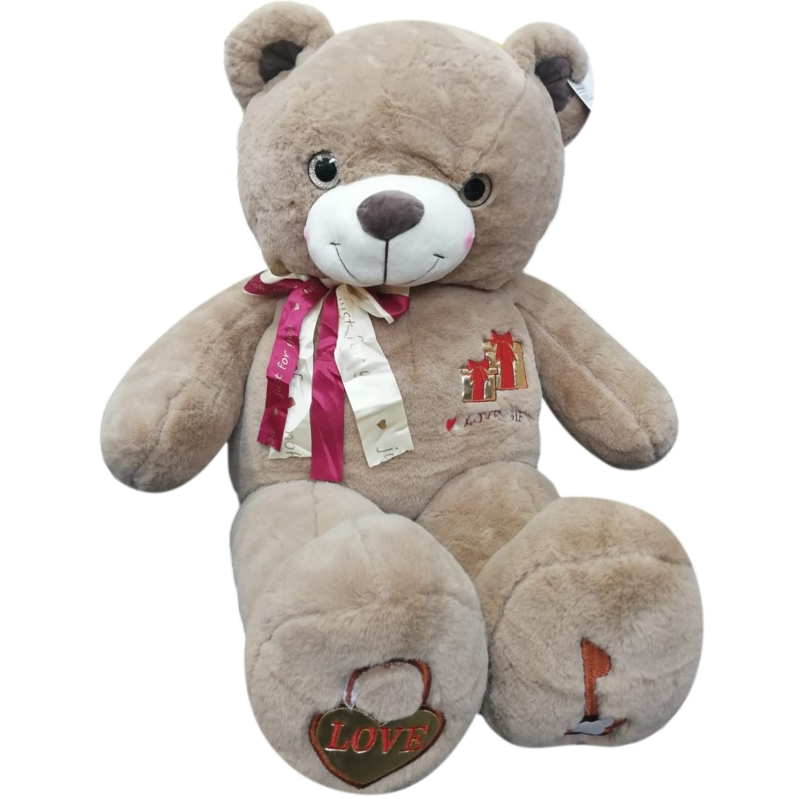 Медведь с шарфом и вышивкой "подарки" на груди (36х73х28 см.)
