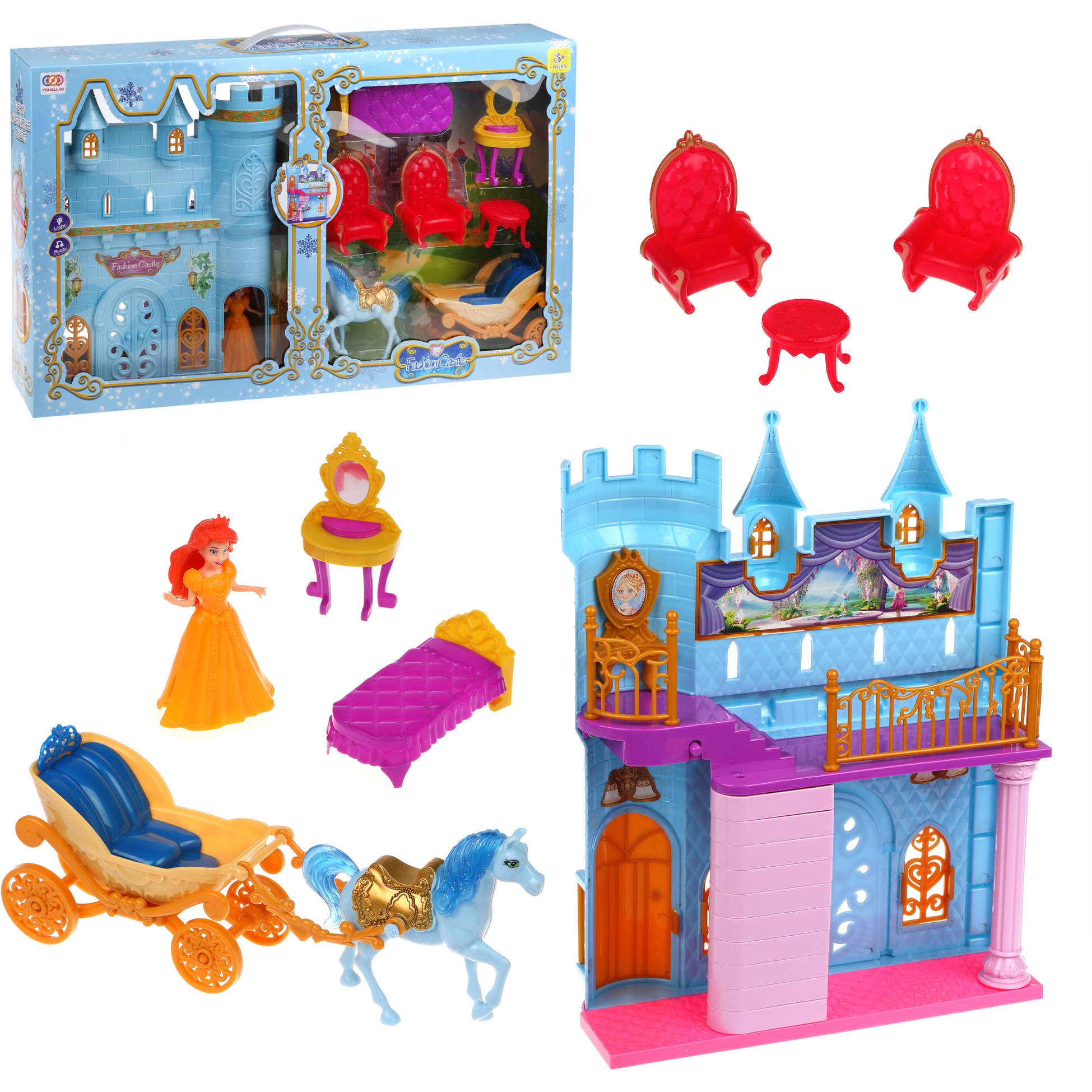 Игр. набор "замок", в компл. замок, карета, лошадь, принцесса, мебель 5шт., кор.