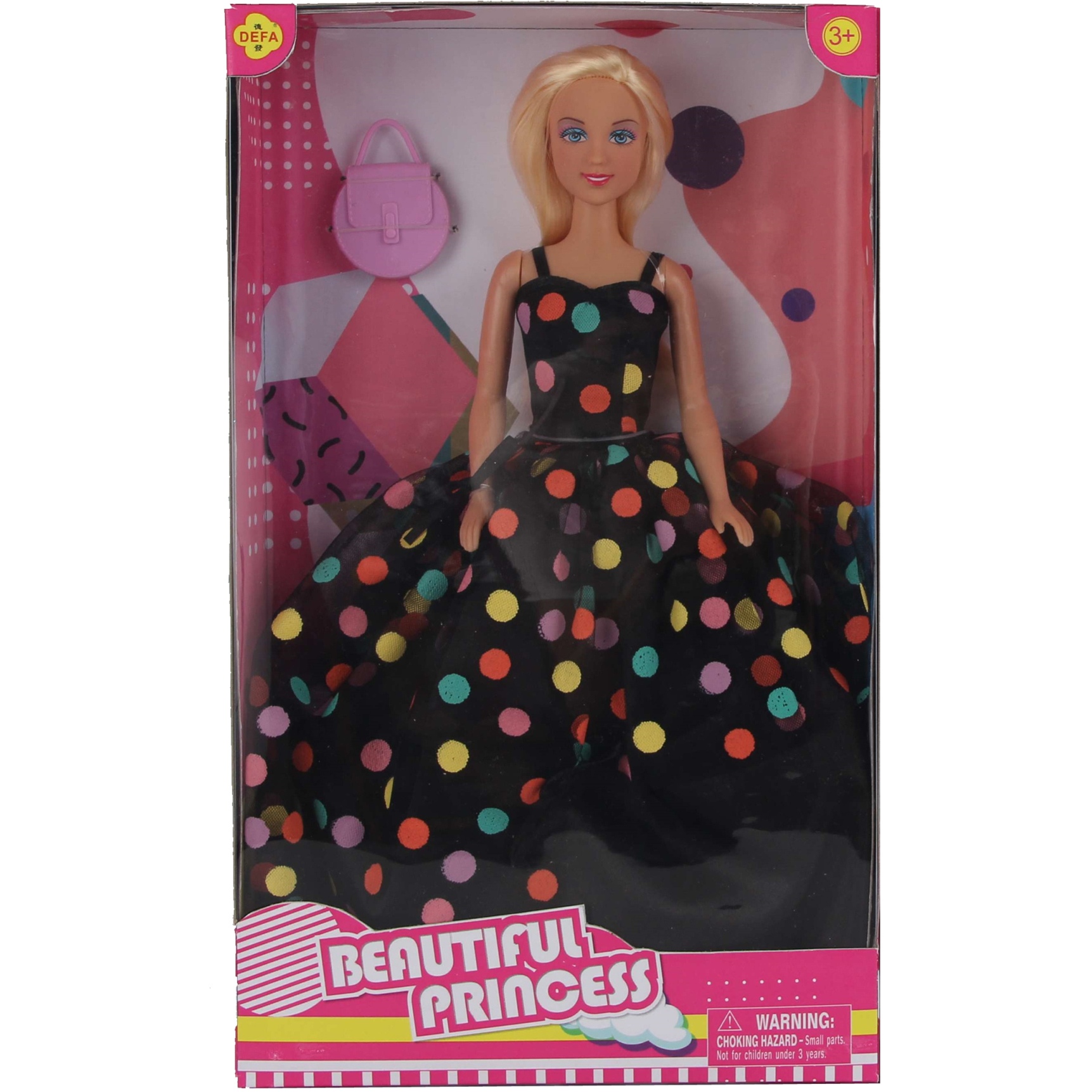 Кукла Дефа Люси "Красотка" (черное платье в разноцветный горох, сумочка, 29 см)