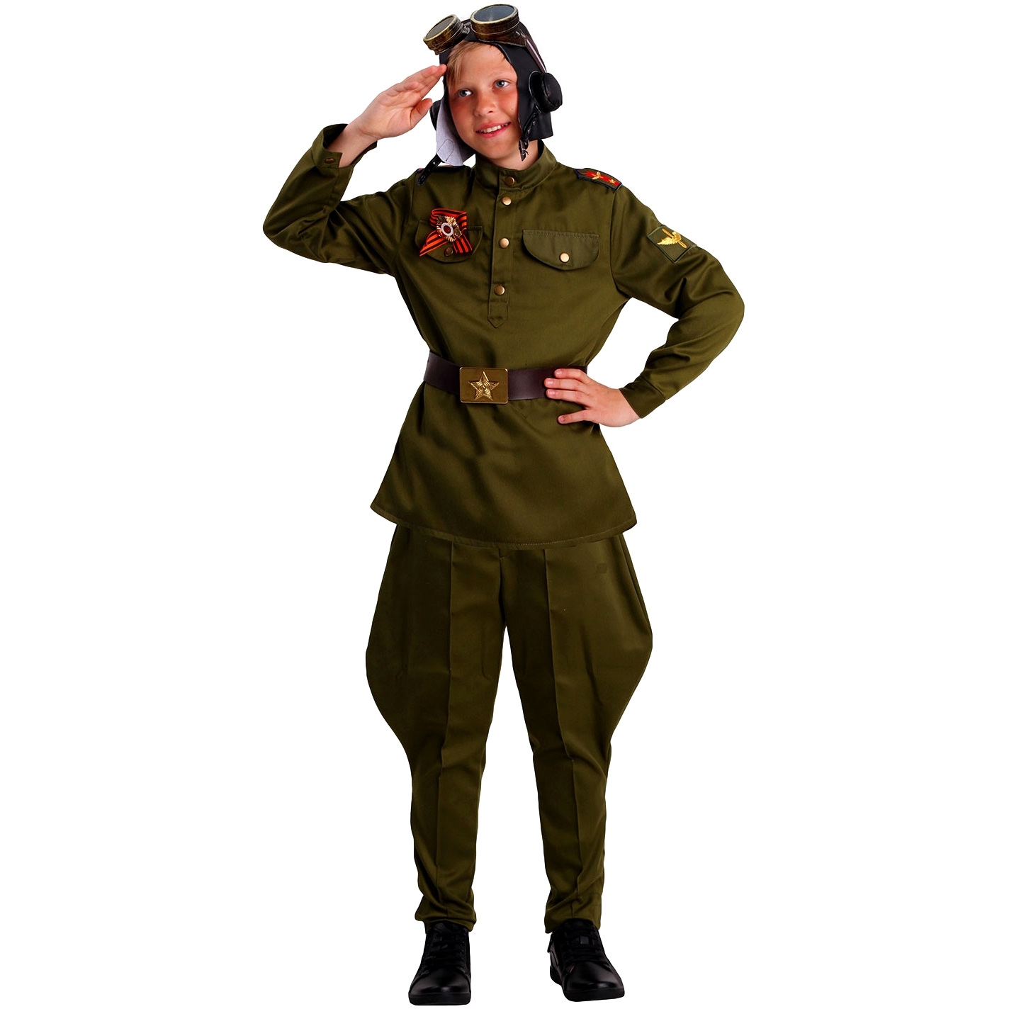 Карнавальный костюм "Военный летчик" (гимнастерка,ремень,брюки-галифе,шлем, очки,орден) р.122-