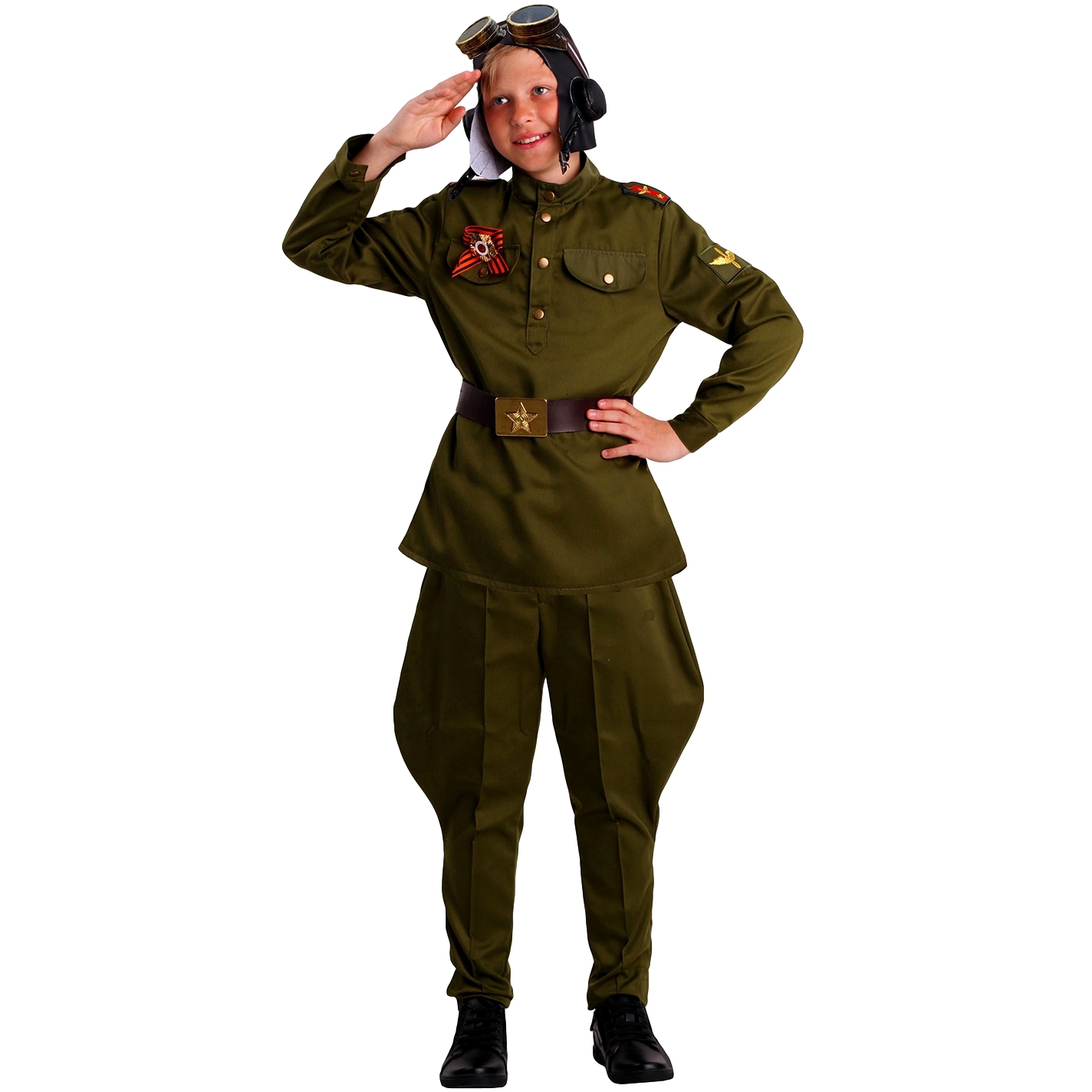 Карнавальный костюм "Военный летчик" (гимнастерка,ремень,брюки-галифе,шлем,очки,орден) р.128-