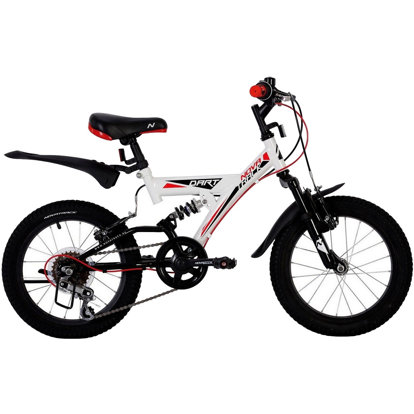 Велосипед novatrack 16" dart, 5 скор., белый, microshift, алюм.обода, амортизатор зад/перед139721