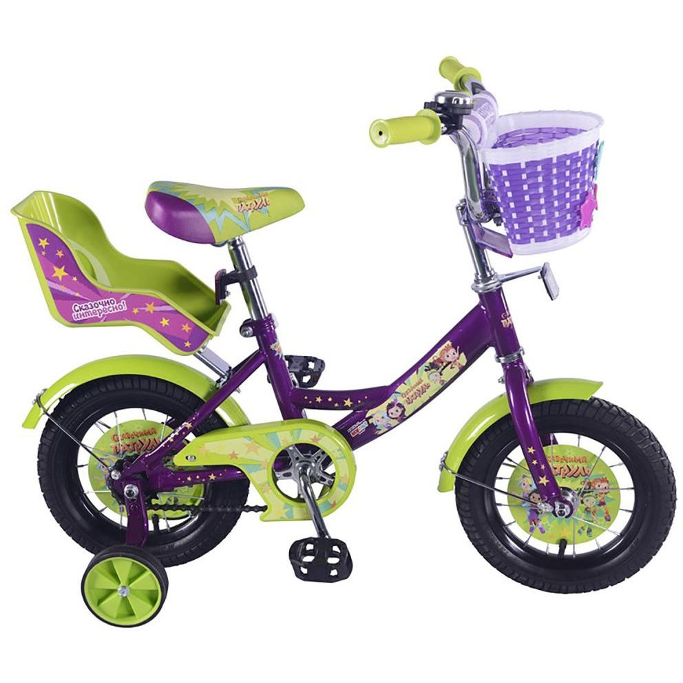 Велосипед 12" Сказочный патруль (фиолетово-салатовый, 2 корзины, страховочные колеса)