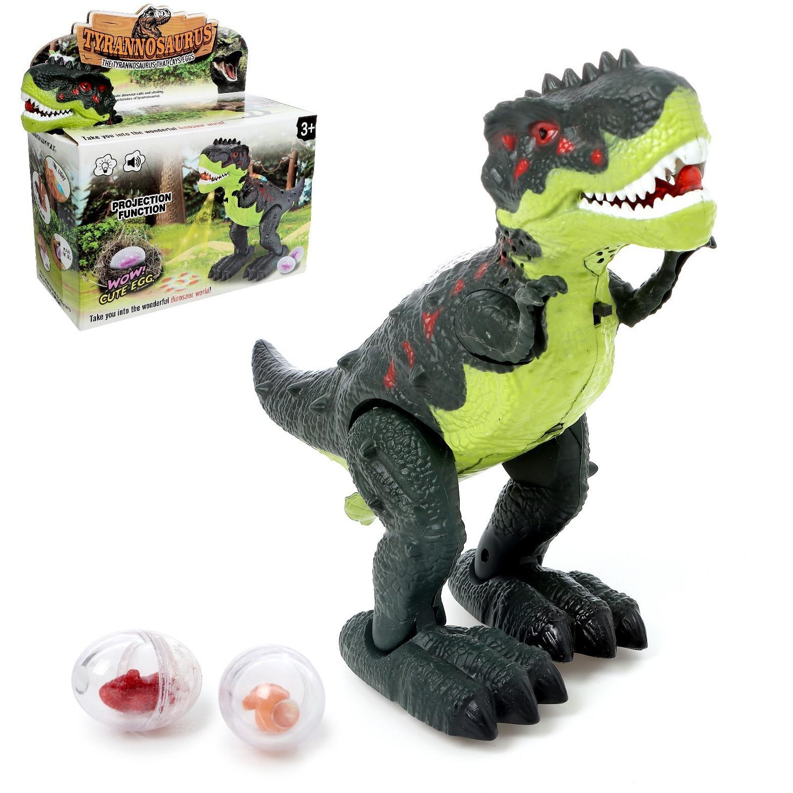 Динозавр "рекс", откладывает яйца, проектор, свет и звук, работает от батареек, цв. зеле 6918435
