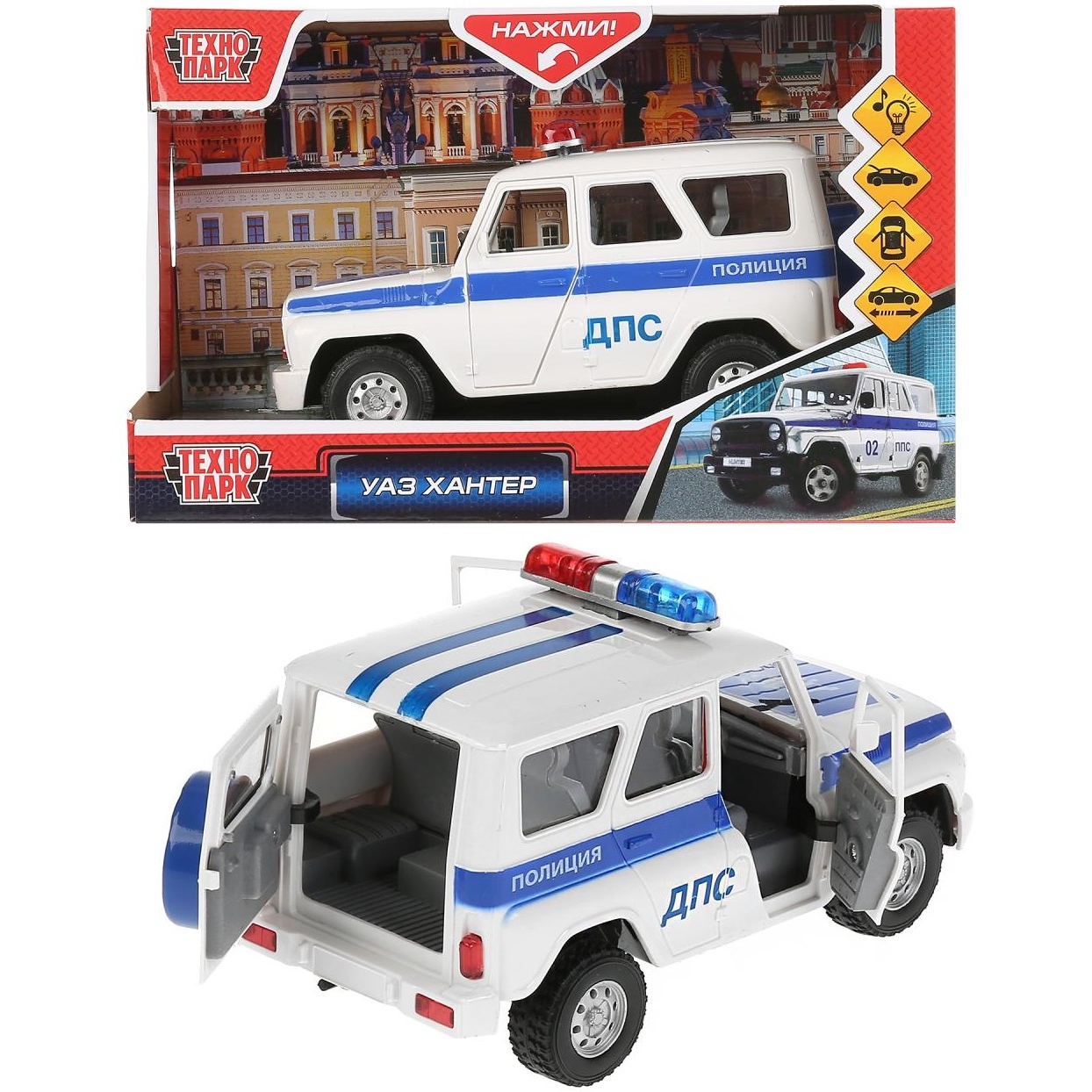 Машина р/у UAZ HUNTER ПОЛИЦИЯ 18 см, свет, серебр, кор. Технопарк в кор.2*24шт НUNТЕR18LРОLGY