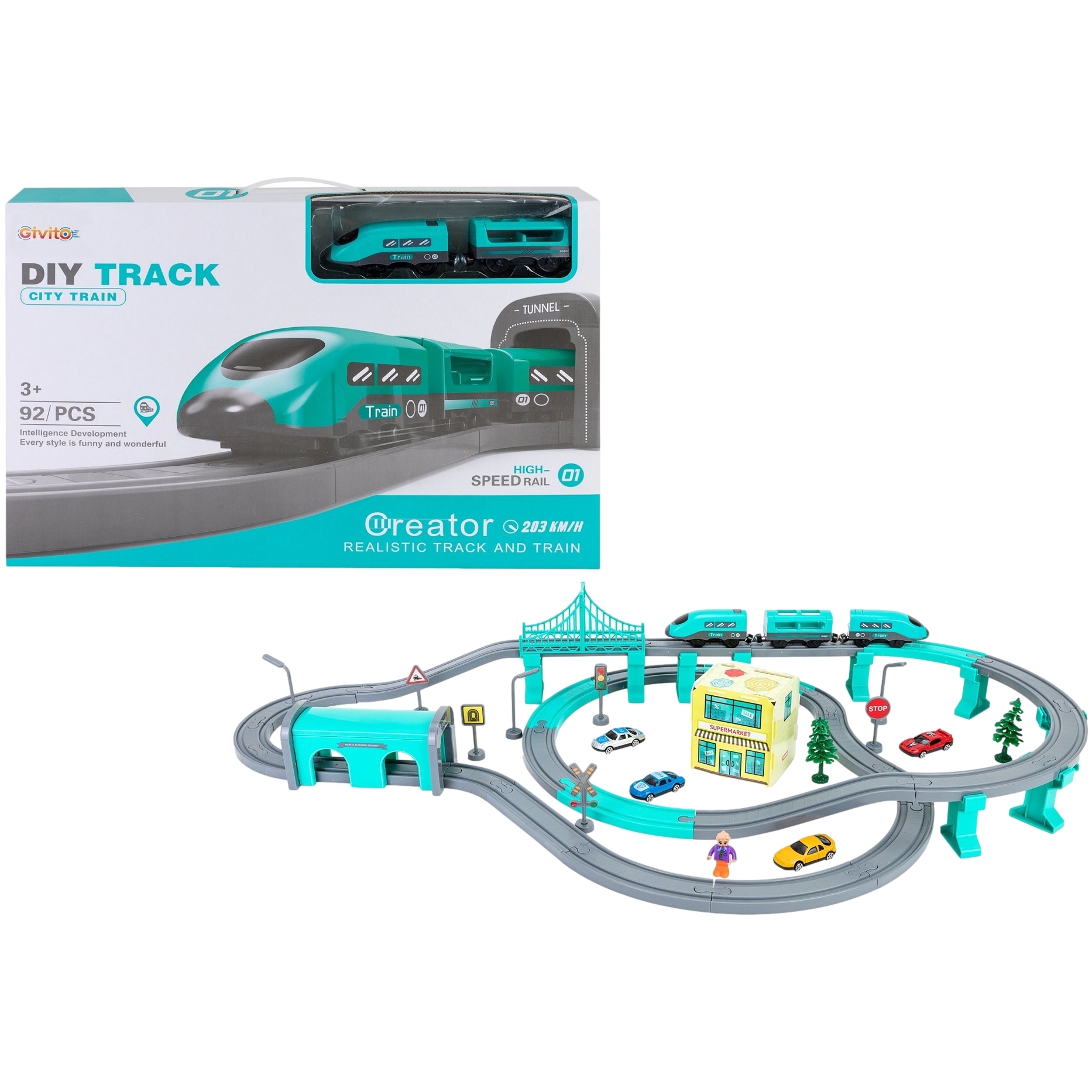 Железная дорога игрушка "мой город, 92 предмета", на батарейках со звуком (основная) G201-004