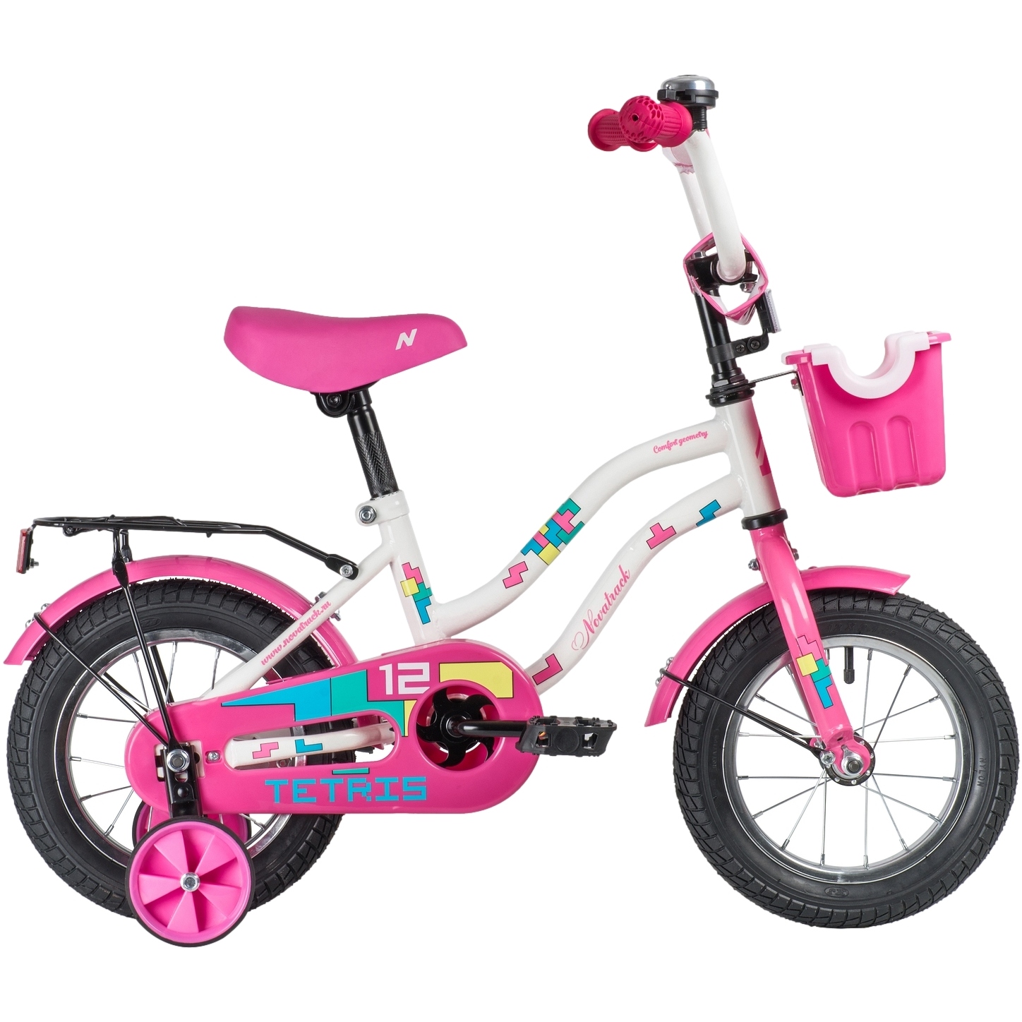 Велосипед 12" Novatrack Tetris (бело-розовый, корзина, страховочные колеса)