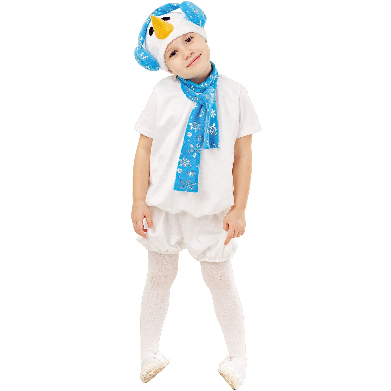 Карнавальный костюм "Снеговик Крош" (безрукавка,шорты,шапка) размер 98-52