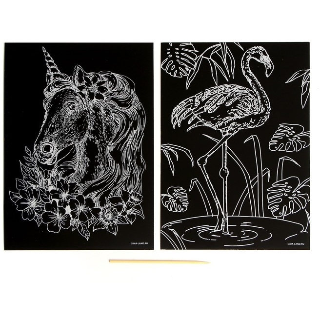 Набор гравюр "Единорог и фламинго" (золоаяй основа, 21х15 см, 2 шт.)