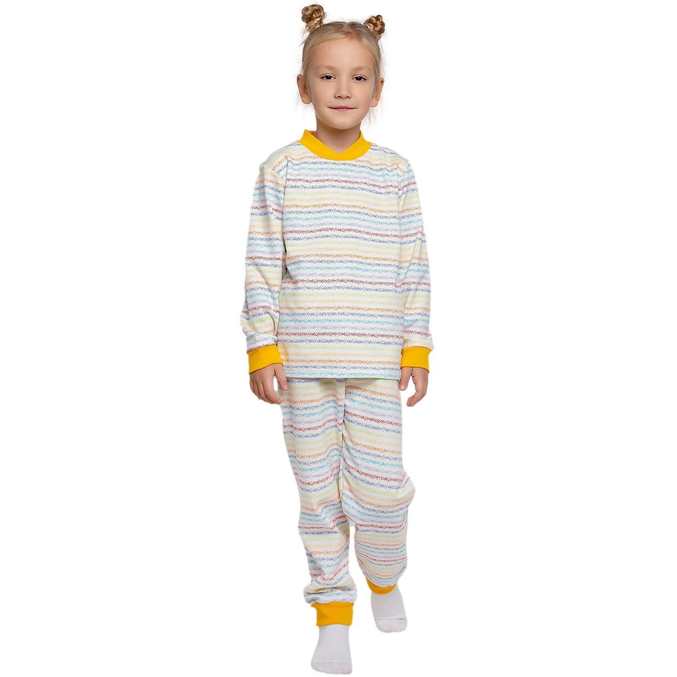 Пижама 104-110 Полоски джемпер +брюки белый с желтым футер 0032300805