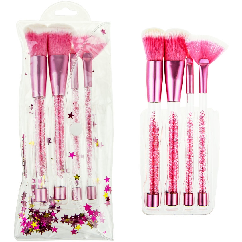 Набор из 4 кистей для нанесения макияжа с подвижными кристалликами в ручках, розовый Т21693