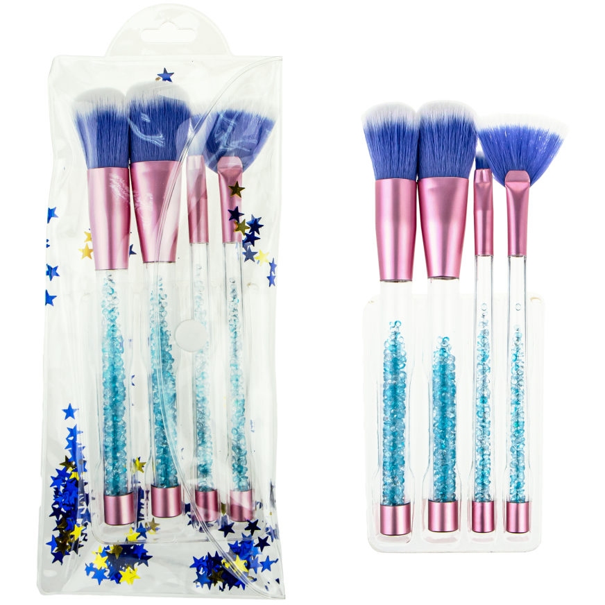 Набор из 4 кистей для нанесения макияжа с подвижными кристалликами в ручках, голубой Т21694