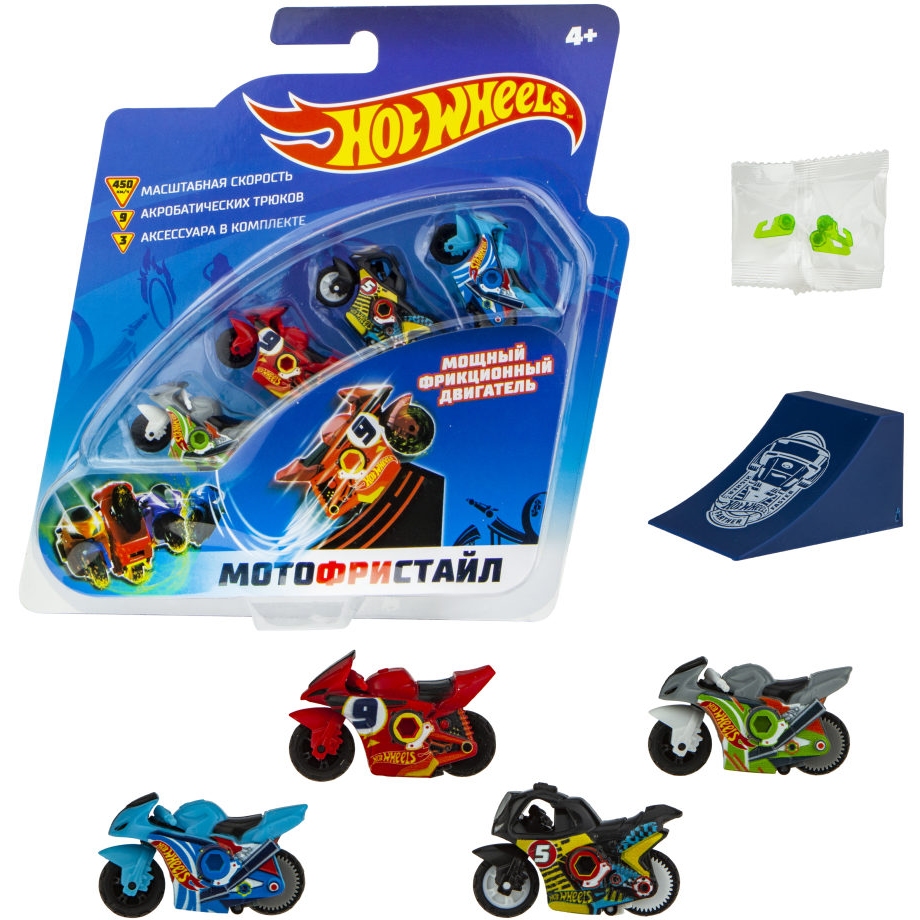 Hot Wheels Мотофристайл (в компл.: 4 инерц. мотобайка, трамплин, 3 аксессуара для трюков) Т16719