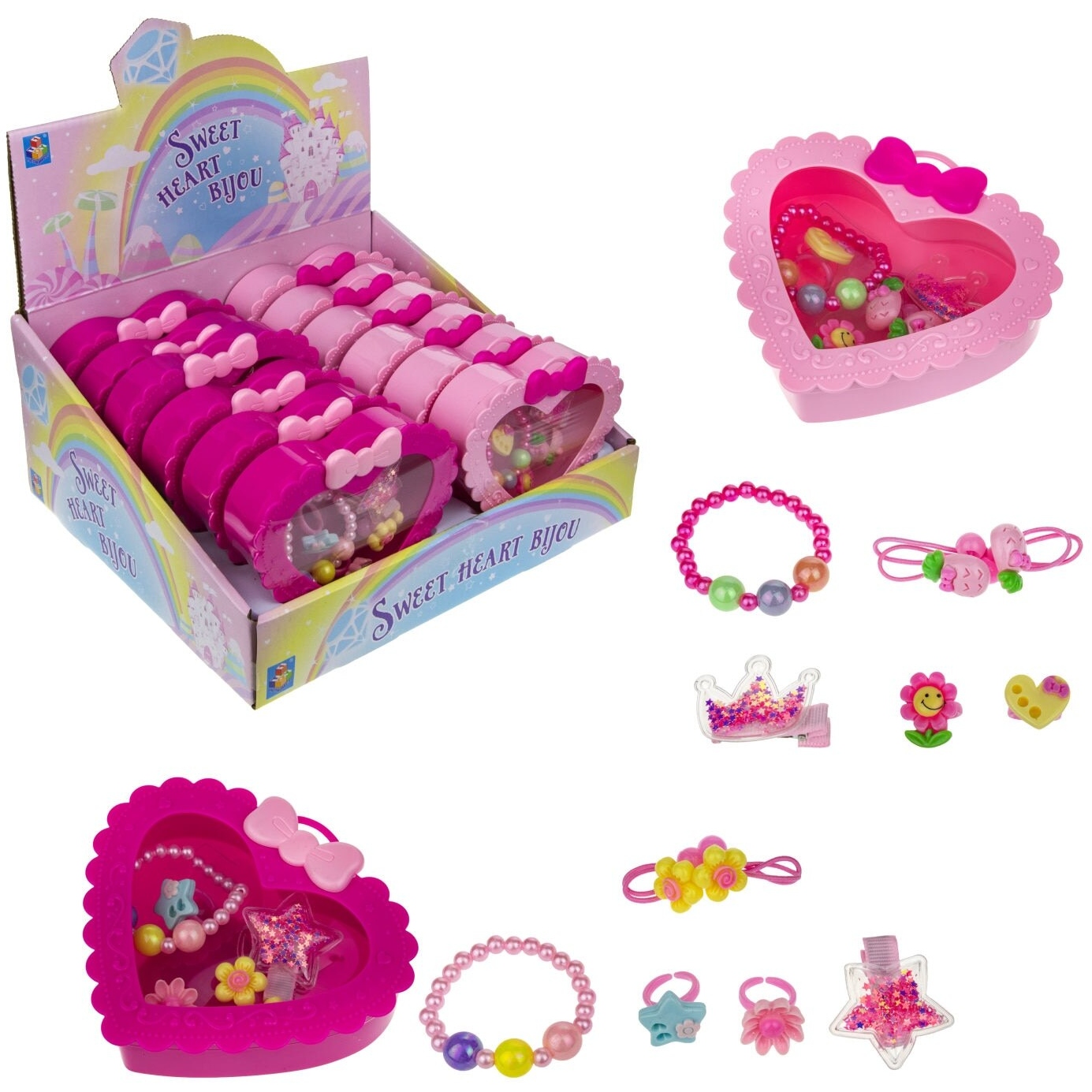 Наб.украш."Sweet heart Bijou" в шкатулке 2 колечка, браслет, заколочка, 2 резинки, 13*11,5см, 12 шт.