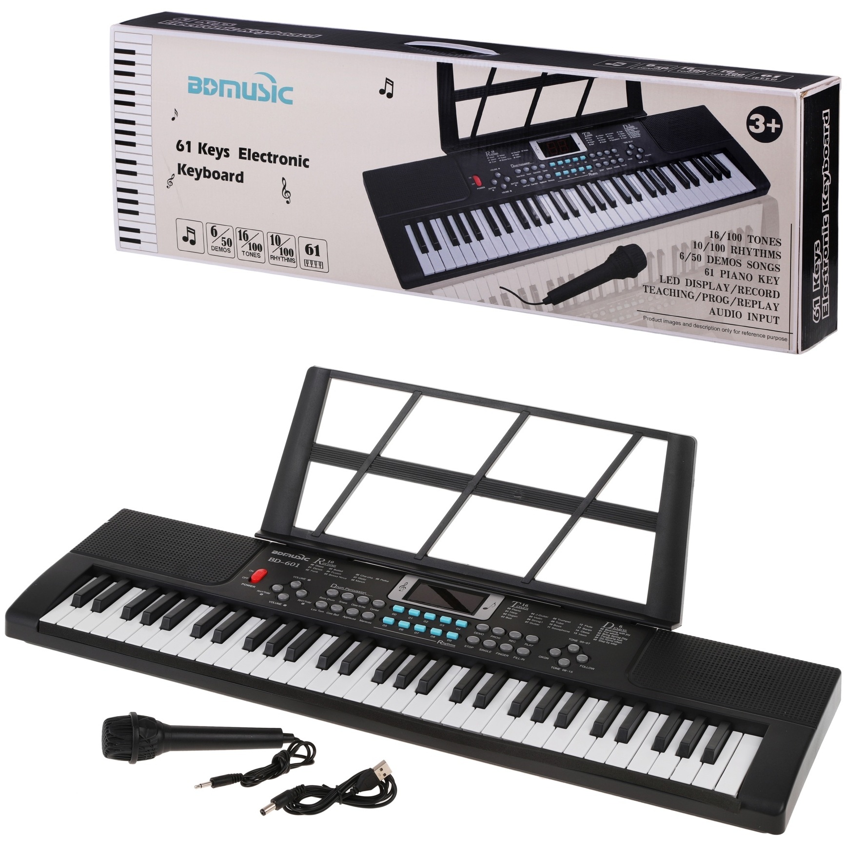 Синтезатор (61 клавиша, звук, свет, микрофон, запись, USB кабель) BD-601