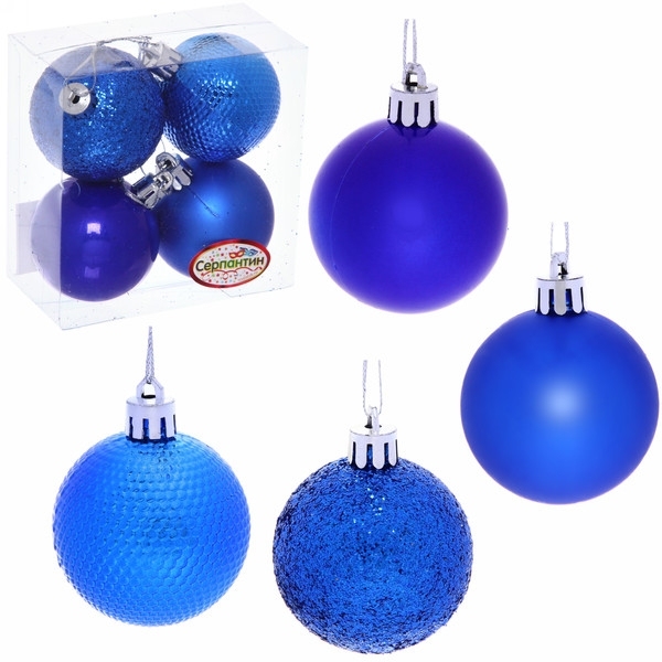 Новогодние шары 5 см (набор 4 шт) "Микс фактур", синий 183-860