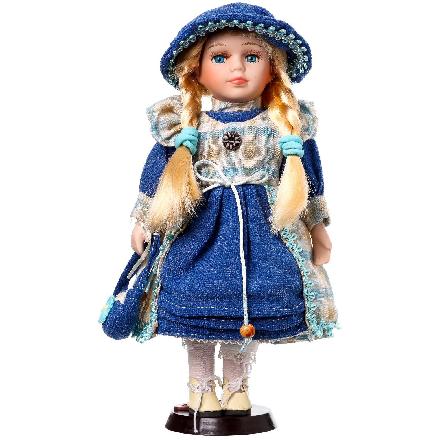 Кукла коллекционная керамика "Алиса в джинсовом платье с клетчатой накидкой" (30 см)
