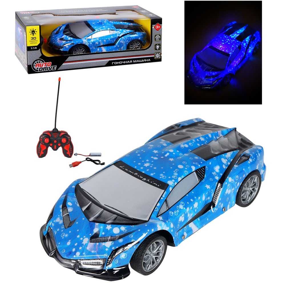 Р/У AUTODRIVE Машина с 3D подсветкой корпуса/пульта,М1:14, 4 канала,с аккум.,цв.синий.,в/к 34*14,5*12см JB1168527