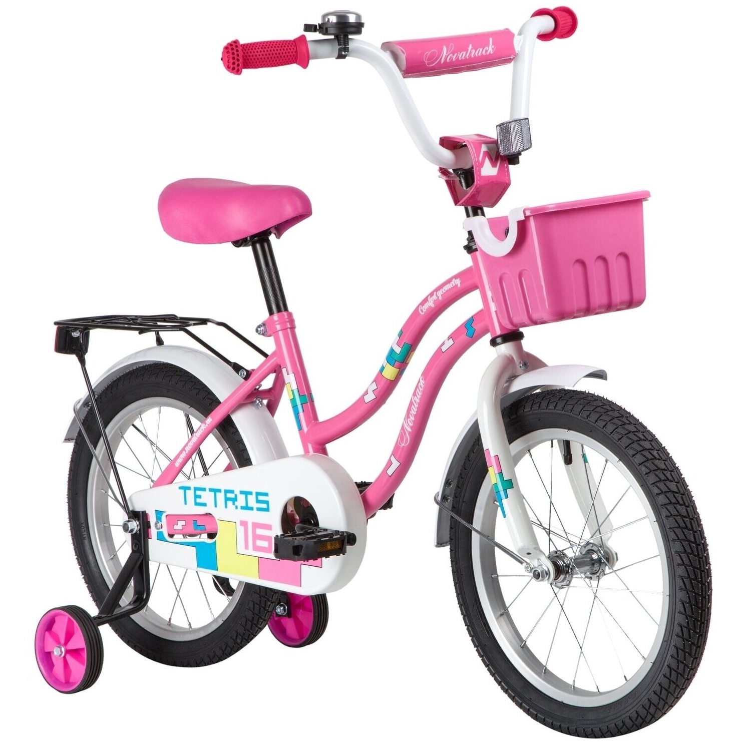 Велосипед NOVATRACK 16" TETRIS розовый, тормоз нож, крылья цвет, багажник, корзина, полная защ.цепи